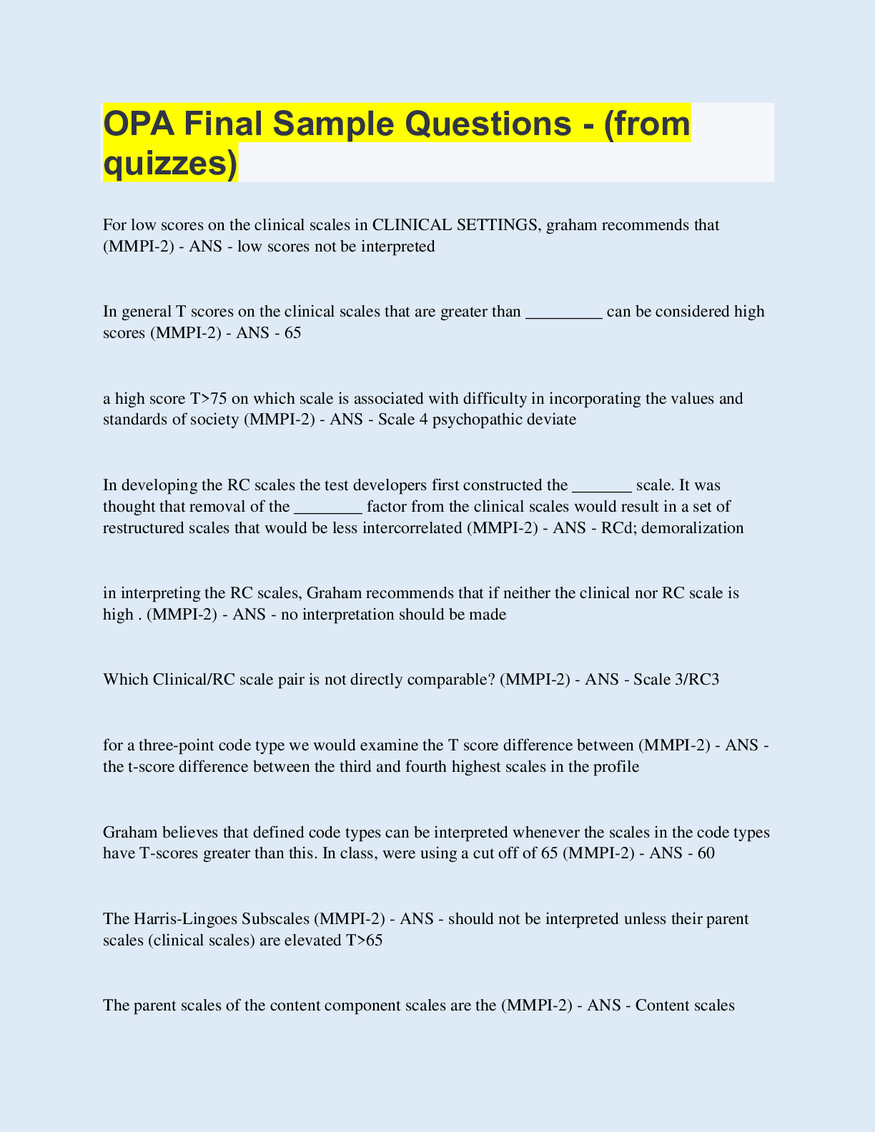 Preview image for OPA Final Sample Questions - (from quizzes) | 60 Questions with 100% Correct Answers | Updated & Verified